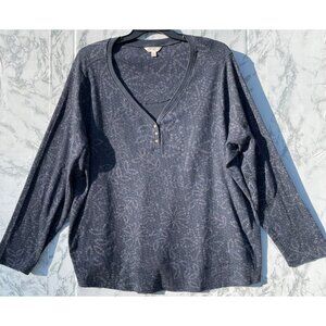 Terra & Sky Womens 4X Waffle Knit Henley Top Navy Blue With Subtle Floral Print